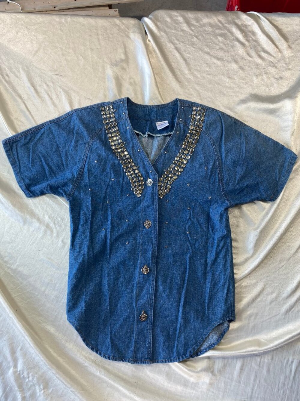 Vtg 80s Cotton Fashion Rhinestone Studded Denim Jersey Top Shoulder Pads S USA